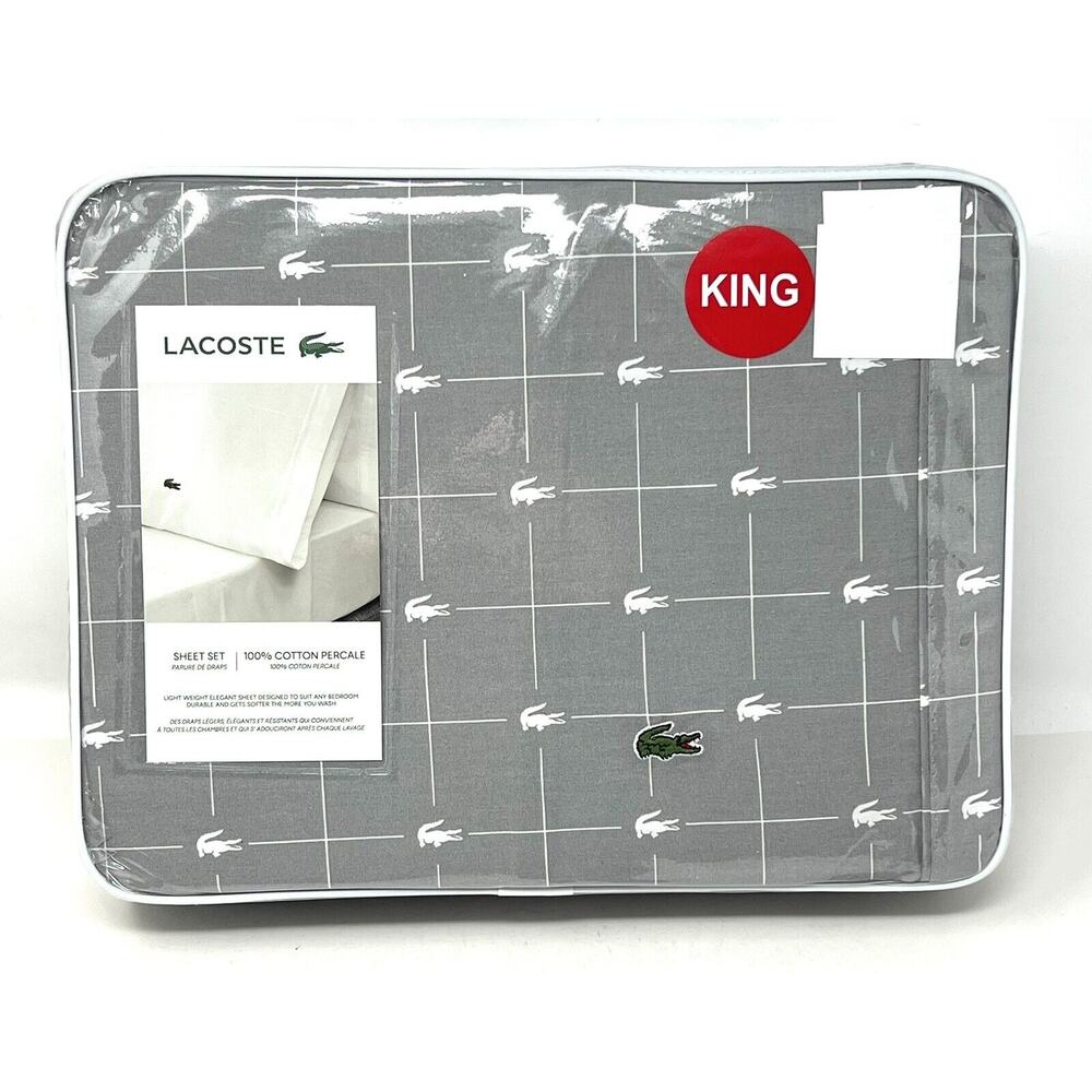 Lacoste Logo Crocodile KING Sheet Set Grey Steel 100% Cotton Percale SLICE